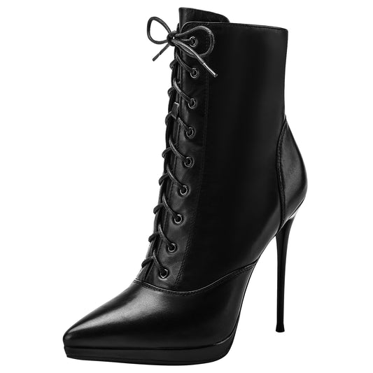 Mid-calf Boots Platform Lace up High Heel Real Leather Mid Stiletto Pointed Toe