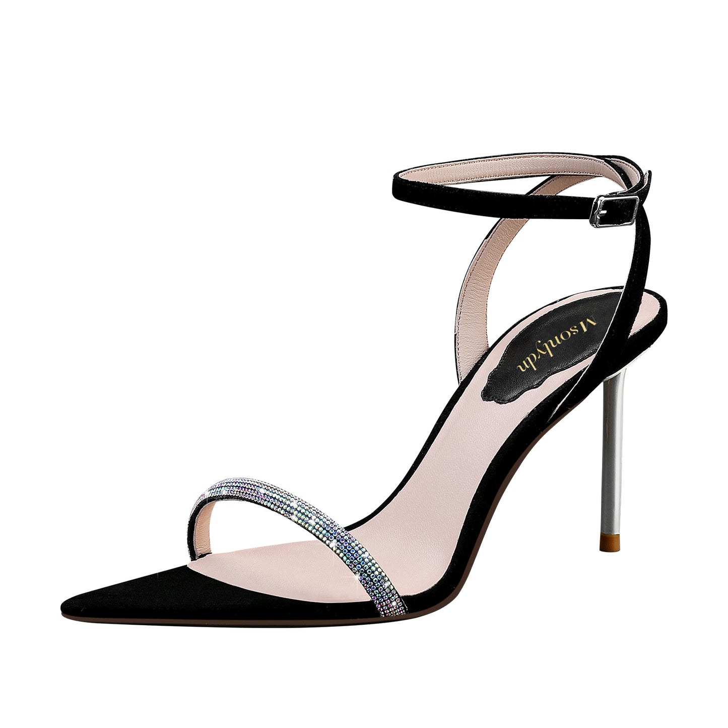Rhinestone Heeled Sandals with Black Leather Suede and Open Toe Ankle Strap