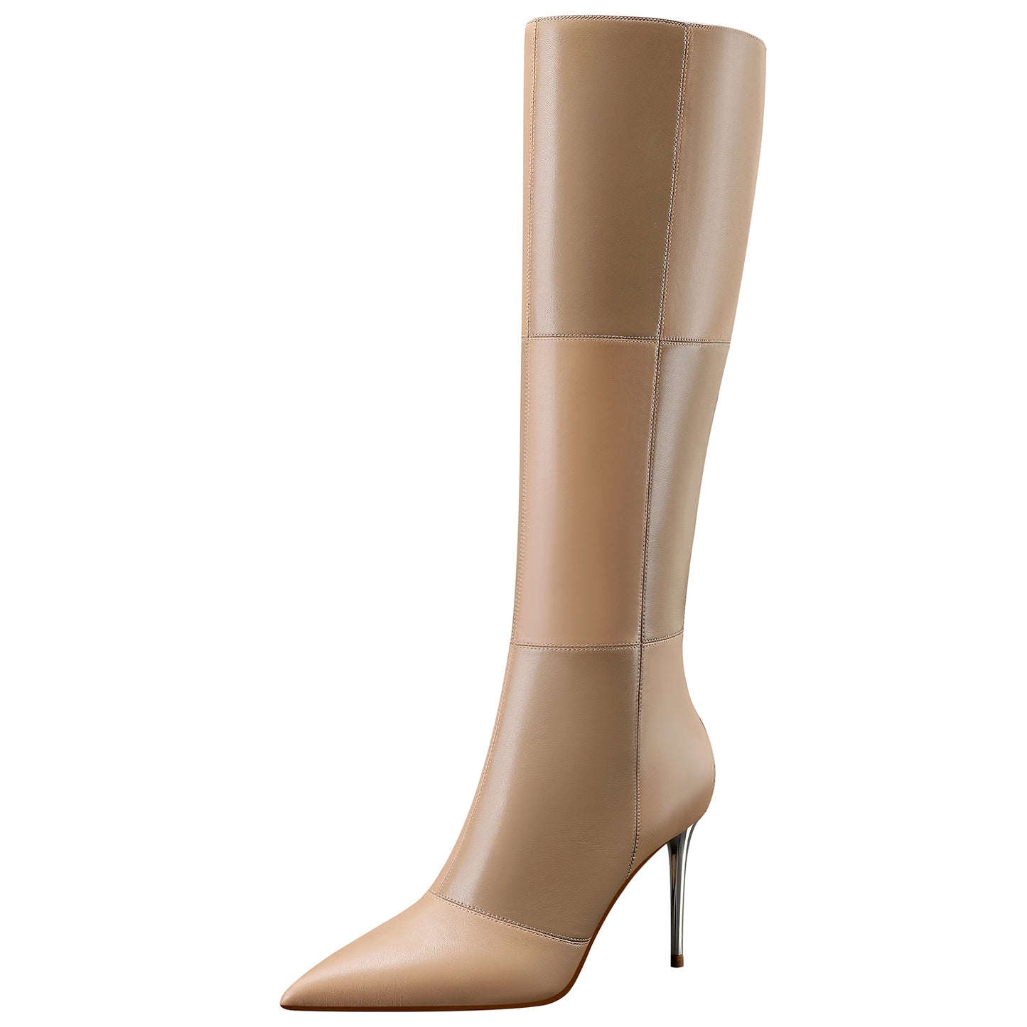 High Heels Boots, Zipper Tall Boots Leather Pointed Toe Stitching