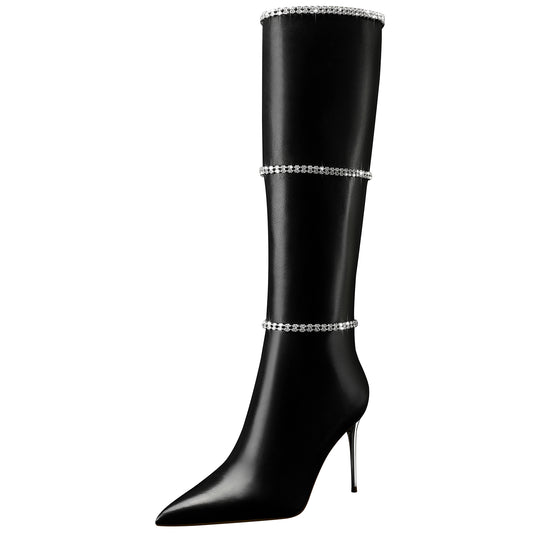 High Heel Knee Leather Boots, Sexy Pointed Toe Stilettos