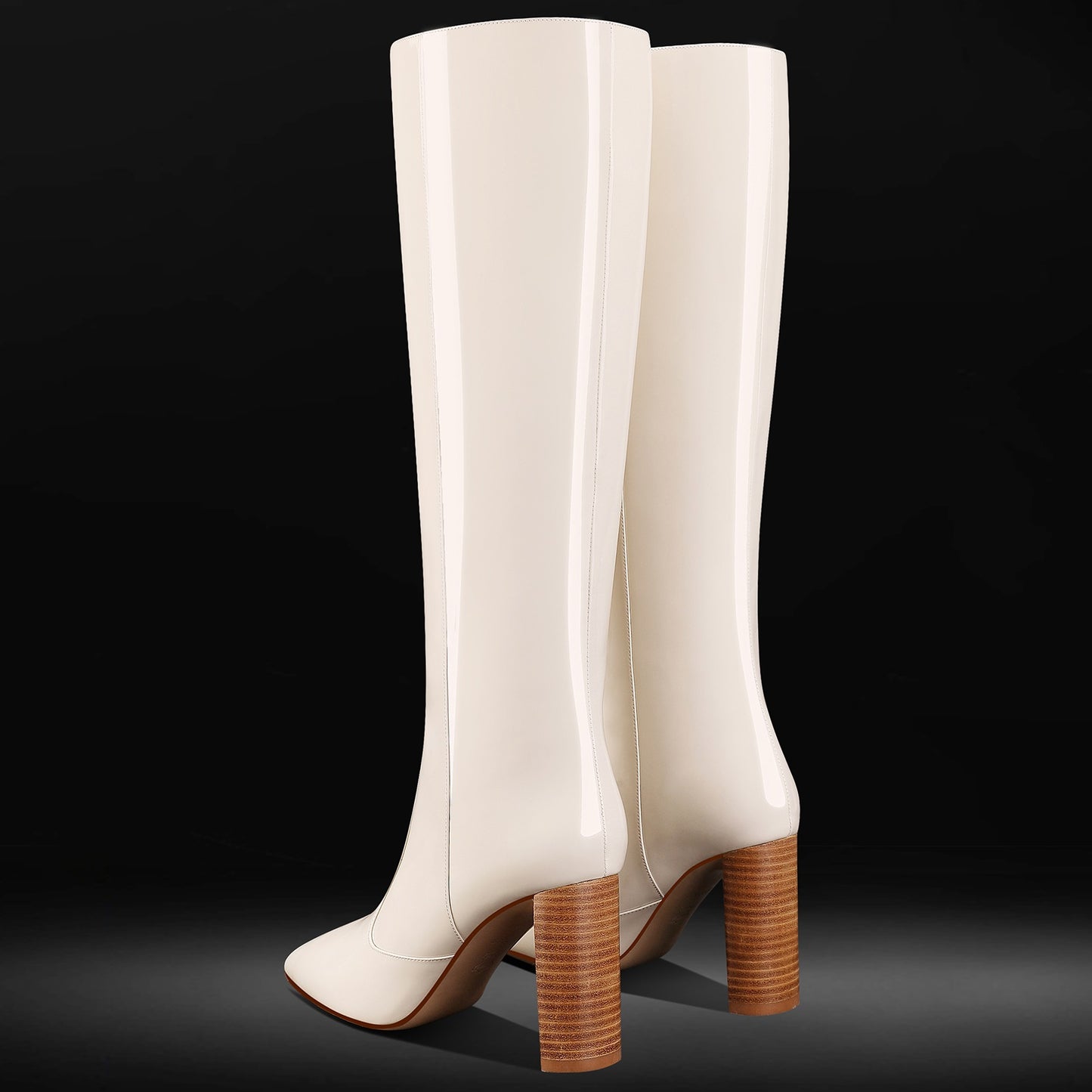 Chunky High Heel Knee Boots,Patent Leather Long Boots Pointed Toe