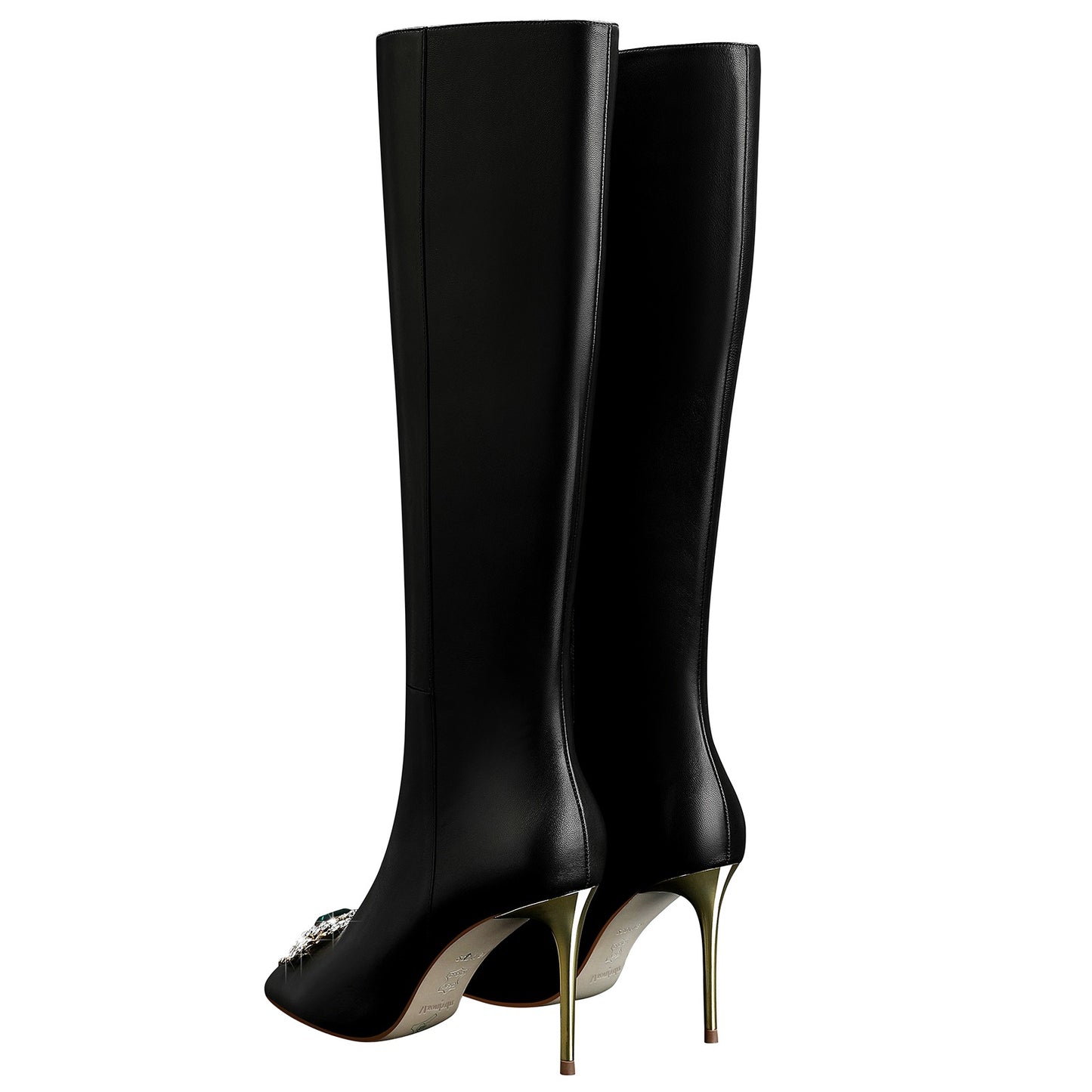 Women High Heels Knee Boots,Black Zipper Casual Tall Boots with Jewel