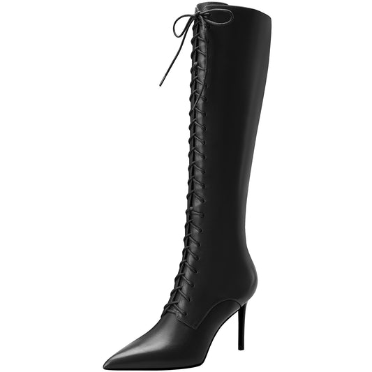 Lace Up Tall Skinny Leather Pointed Toe Skinny Boots
