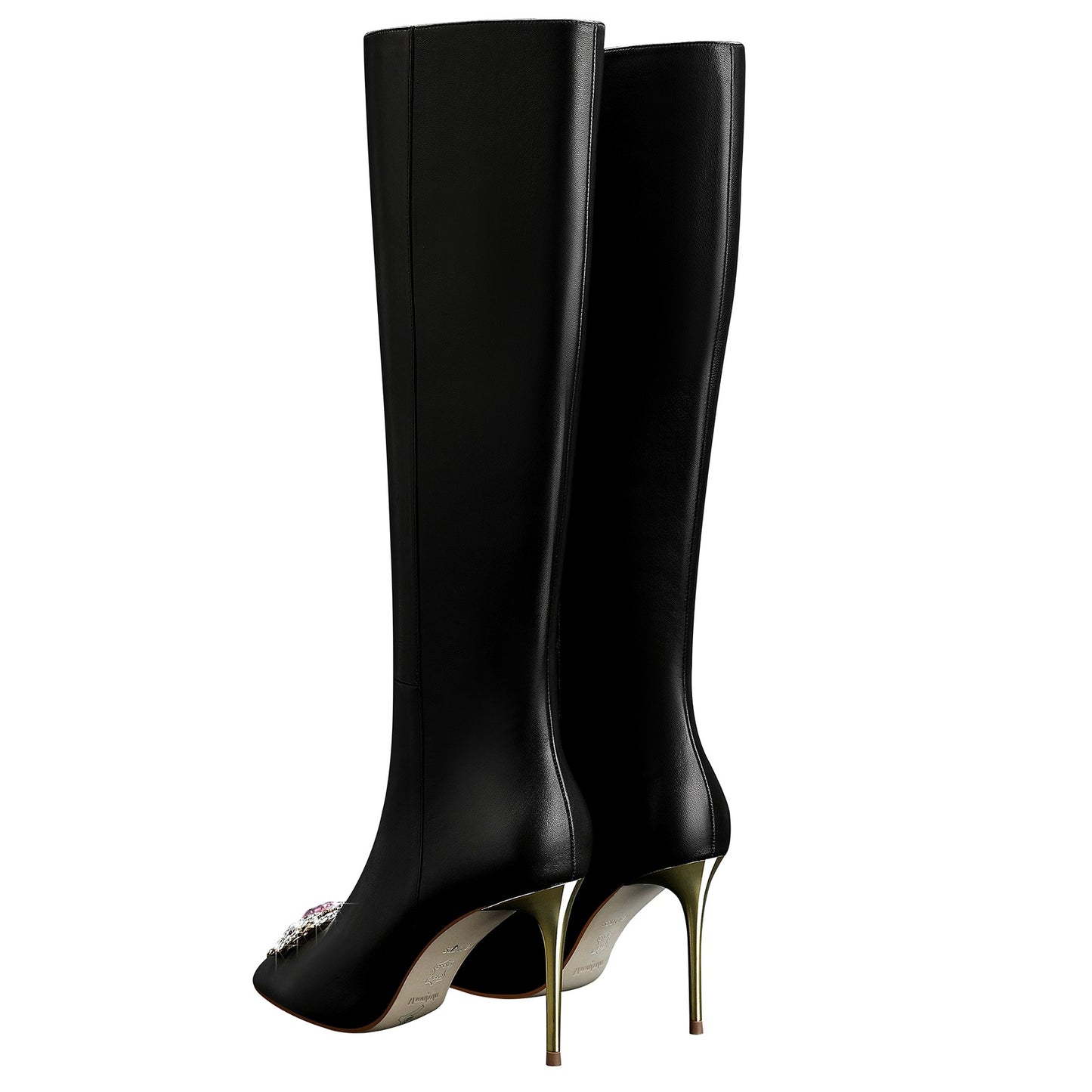 Women High Heels Knee Boots,Black Zipper Casual Tall Boots with Jewel