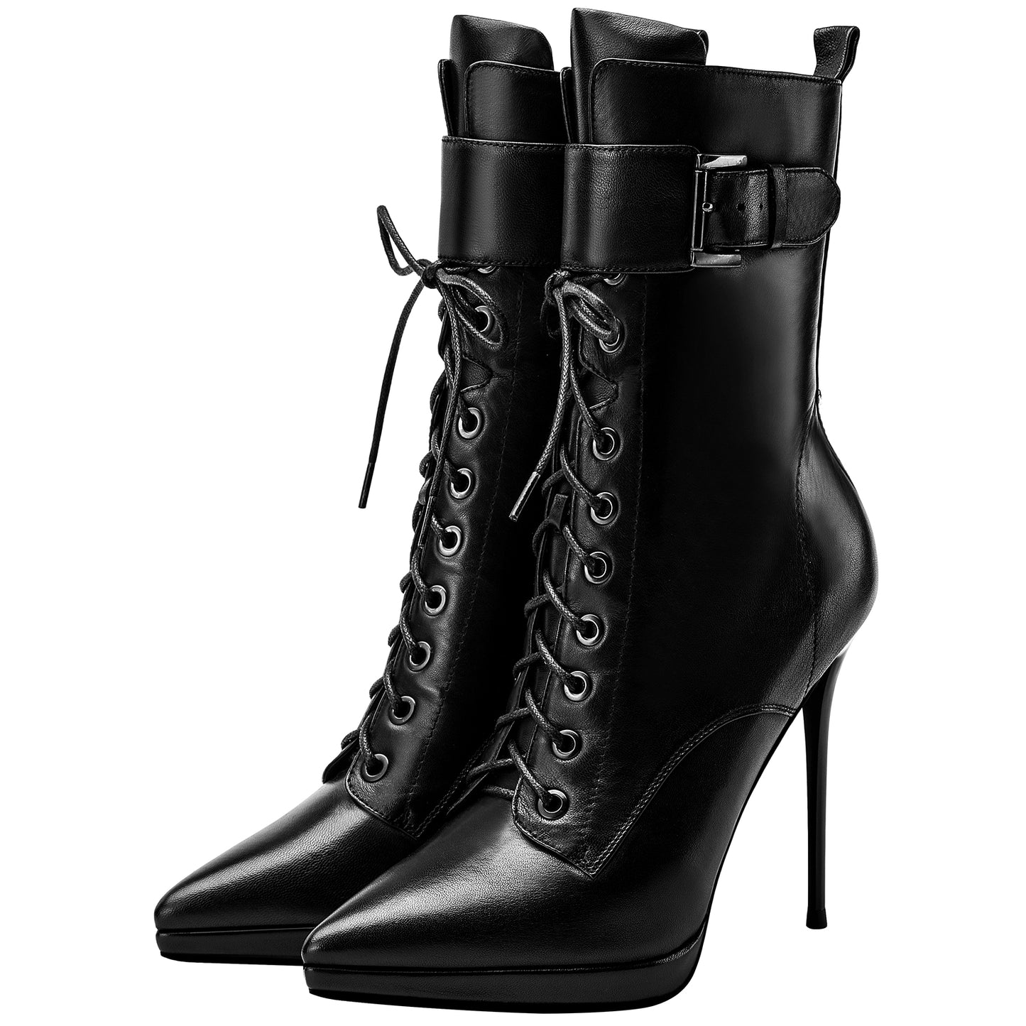 Mid-calf Boots Platform Lace up High Heel Leather Stiletto Pointed Toe