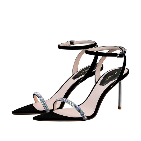 Rhinestone Heeled Sandals with Black Leather Suede and Open Toe Ankle Strap