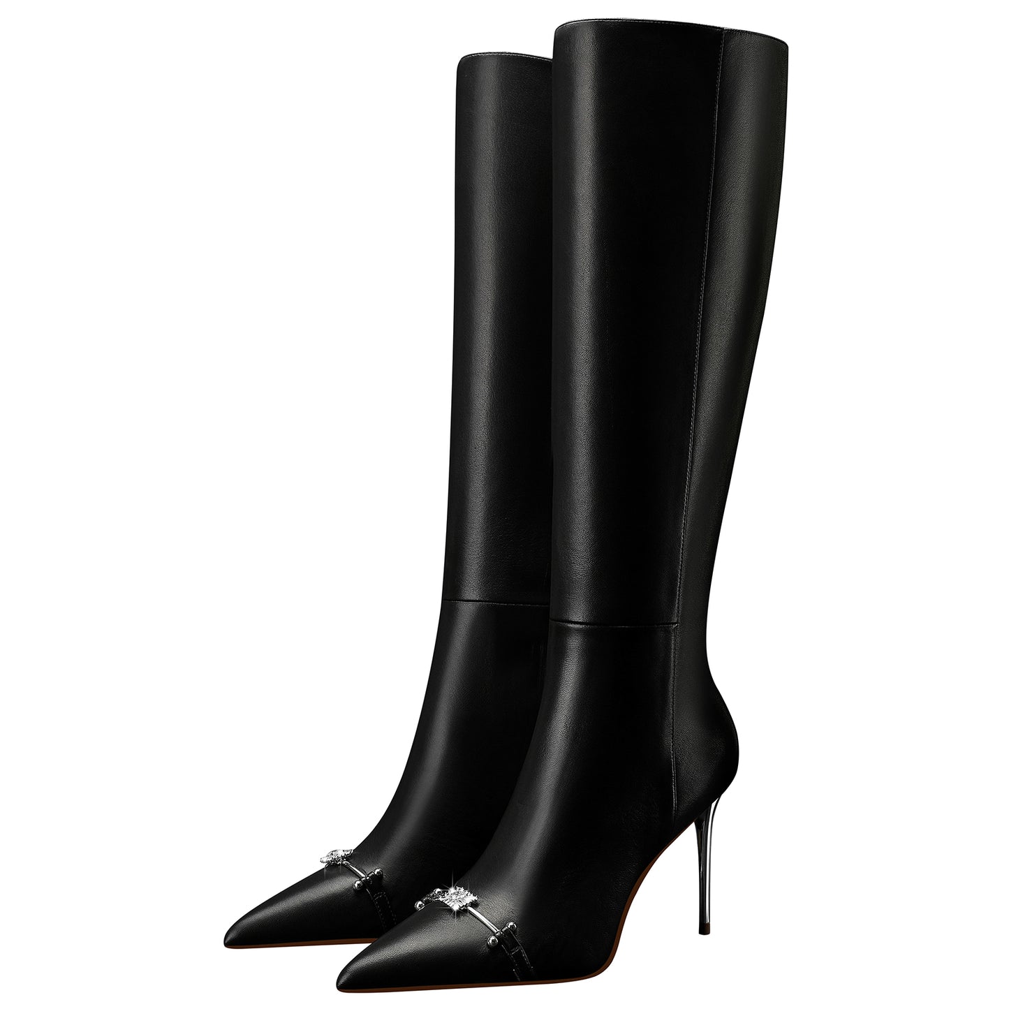 High Heels Knee Boots,Black Women Zipper Casual Tall Boots with Jewel