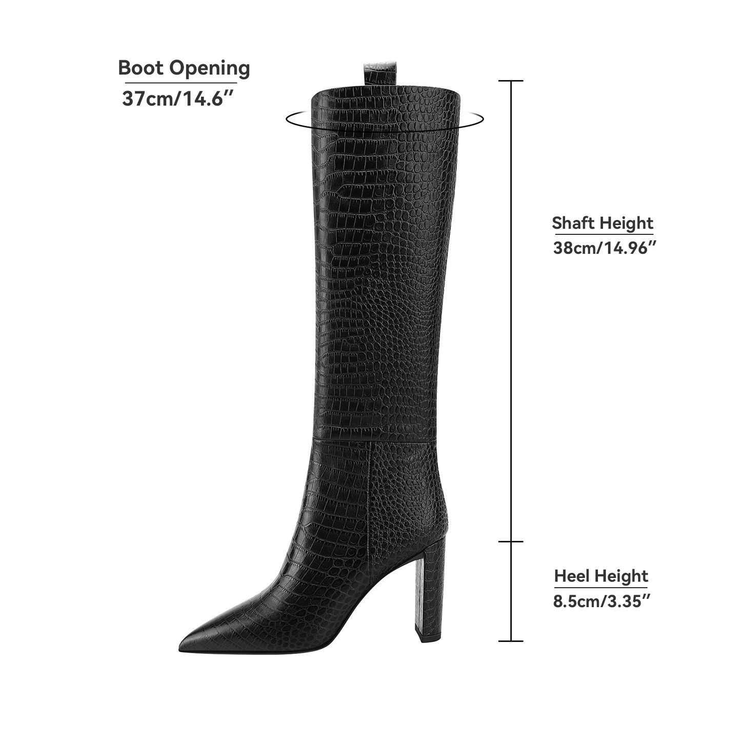 Leather High Chunky Heel Knee Boots Pointed Toe Crocodile Pattern