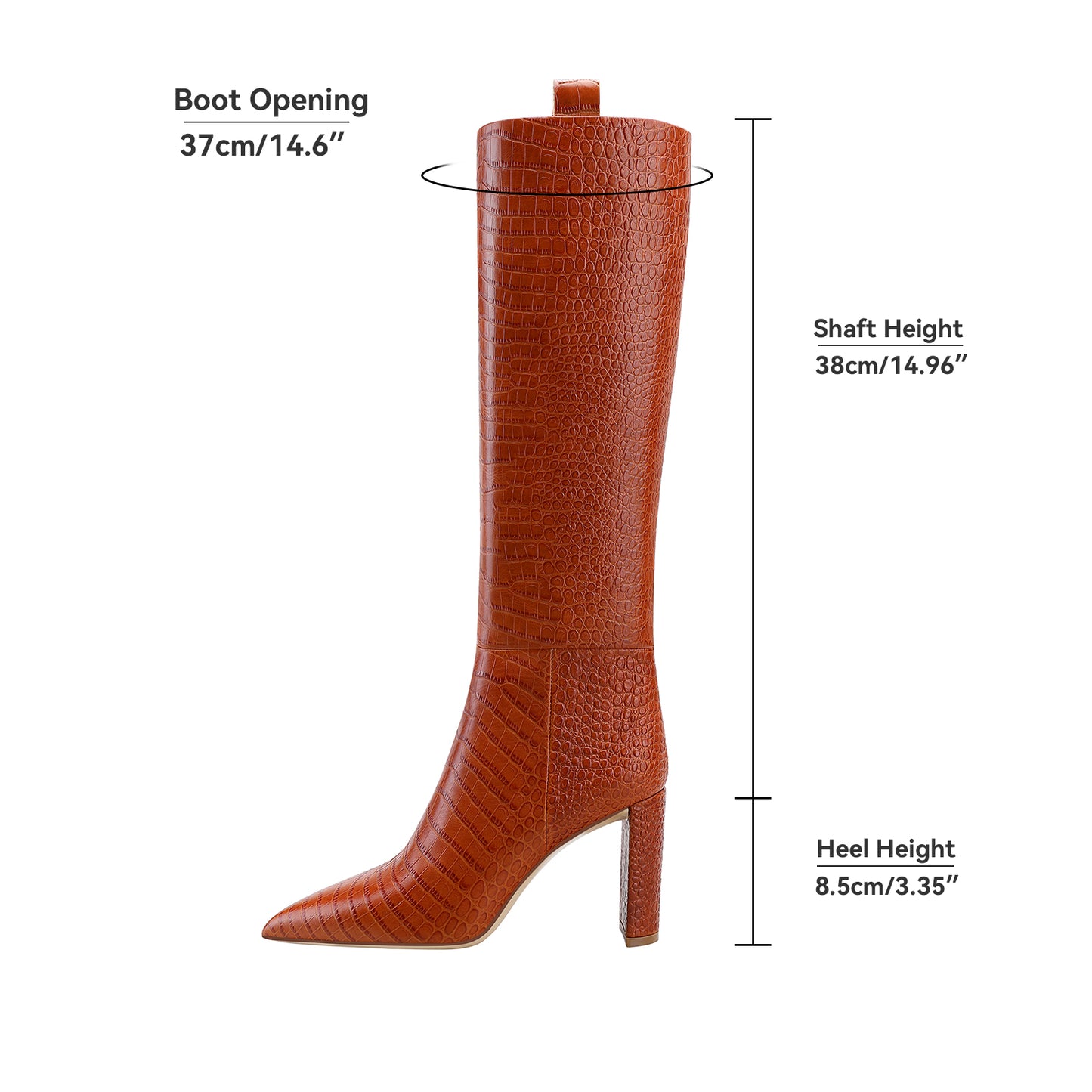 Leather High Chunky Heel Knee Boots Pointed Toe Crocodile Pattern